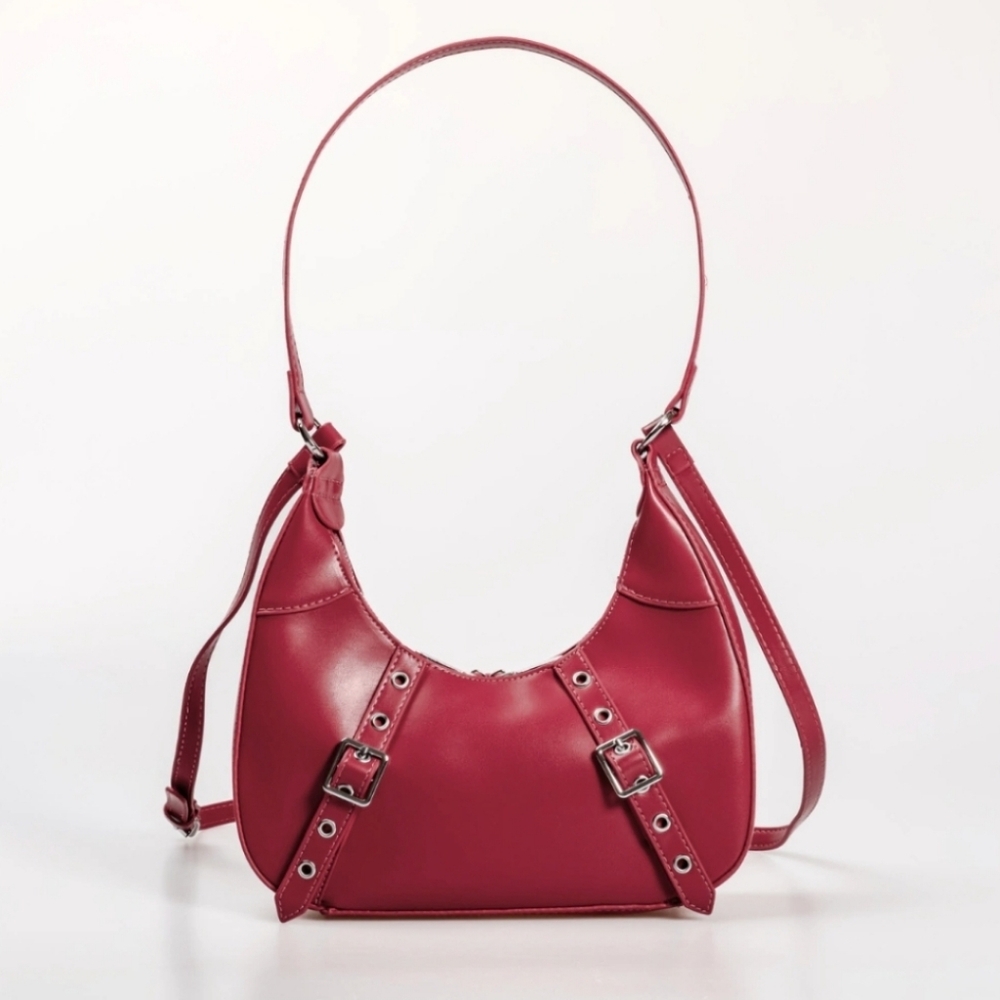 Double Buckle Elegant Red Leather Shoulder Bag